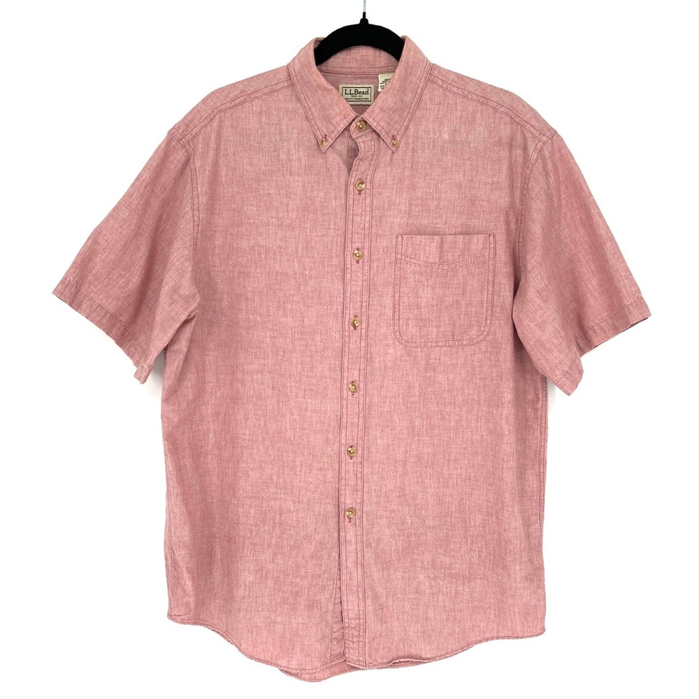 Vintage 90s LL Bean Red Chambray Short Sleeve‎ Button Down Shirt Mens Medium EUC
